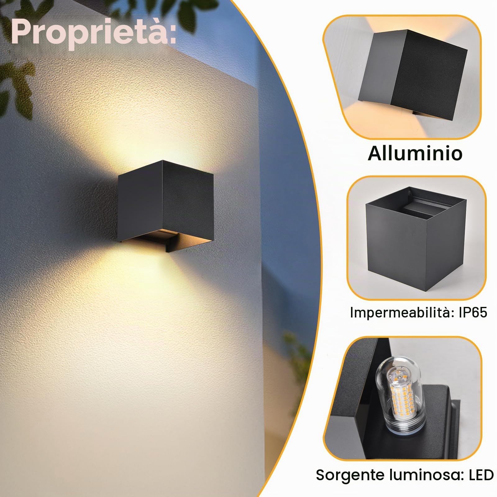 Applique da Esterno con 9W 3000K Bianco Caldo G9 Sorgente Luminosa Sostituibile Applique da Parete Interno IP65 Impermeabile Lampade da Esterno Angolo del Fascio Regolabile【4 Pezzi Nero】