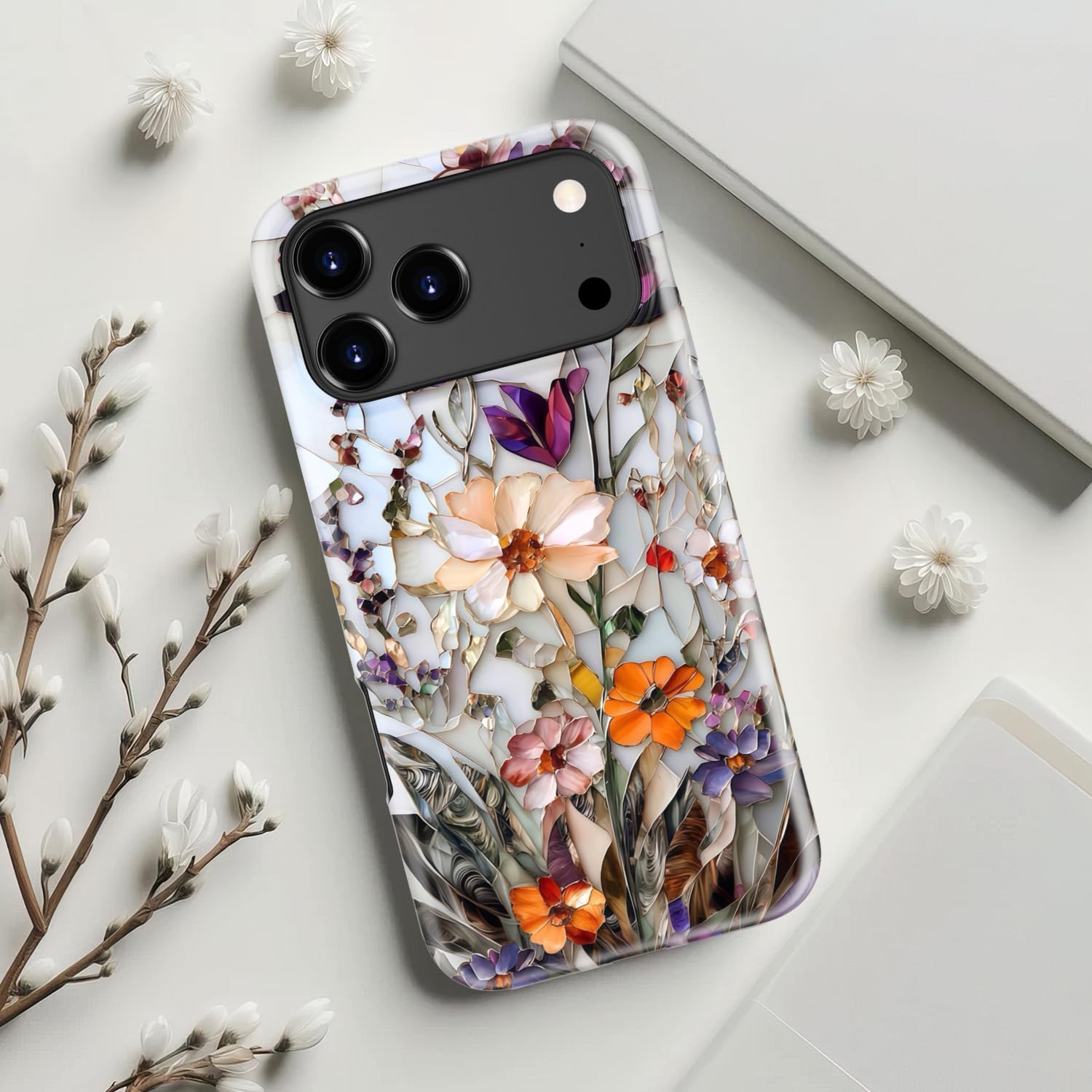 LUHOURI for iPhone 17 Pro Case,Wireless Charging Compatible,Dual-Layer - Soft Silicone Inner + Hard Outer Shell,Cute Wildflower Design,Protective Phone Cover for Women - Marble Pressed Flowers - Image 4