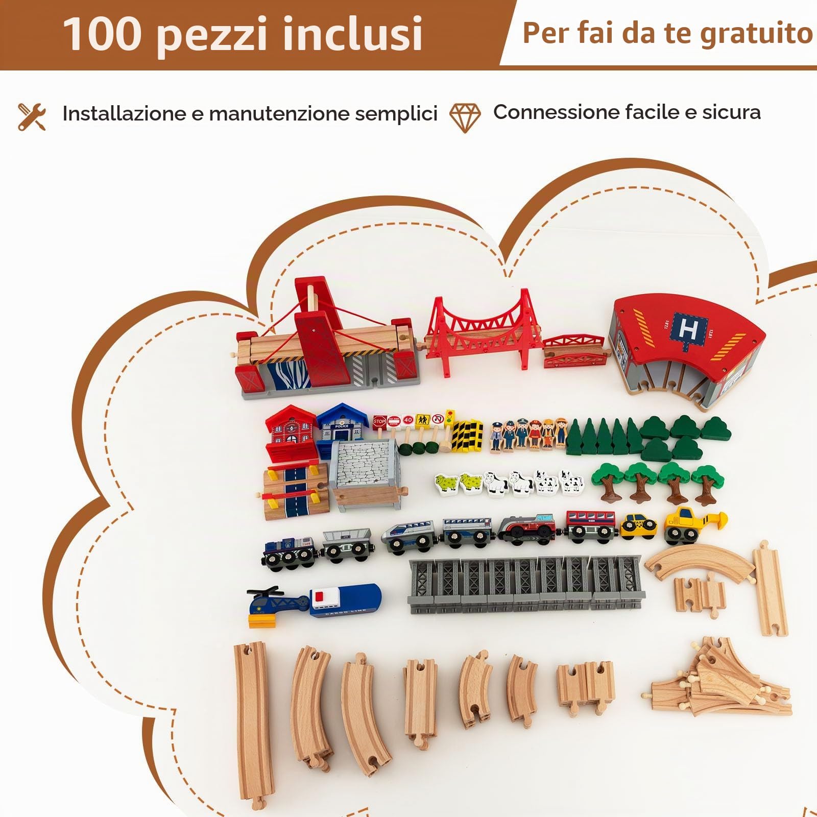 LIFEZEAL Tavolo da gioco con ferrovia in legno, set da 100 pezzi, in legno con cassetto, tavolo multifunzione per bambini 3 anni per giocare, fai da te, costruire (122 x 62,5 x 40 cm)