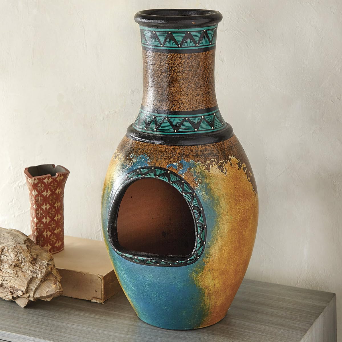BLACK FOREST DECOR Native Skies Clay Chimenea – Hand Painted Tealight Holder – Turquoise and Gold Southwest Décor – 18" H
