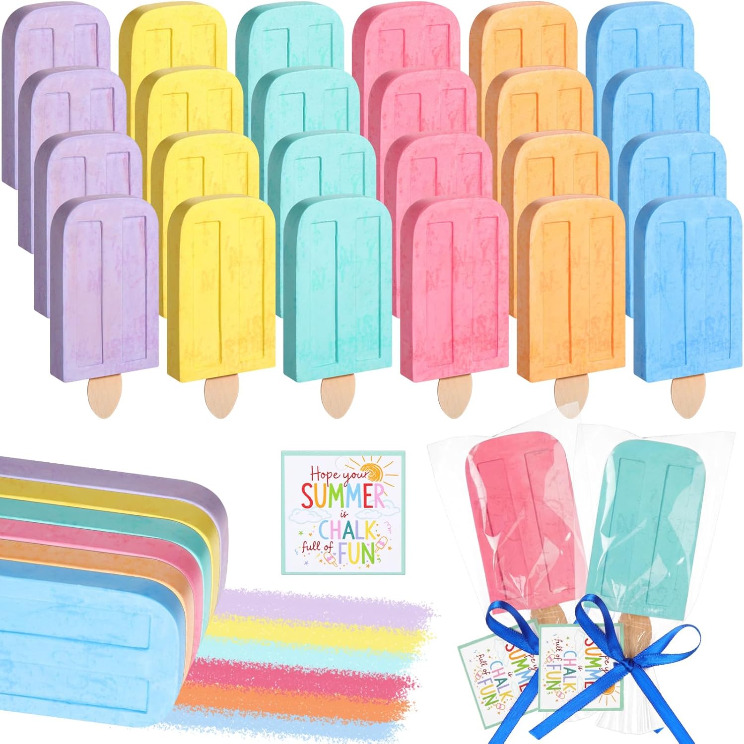 Gueevin 24 Set Ice Cream Sidewalk Chalk Set Washable Sidewalk Chalk Gifts Bulk 6 Color Summer Kit Gift with Bag, Card & Ribbon for Street School Graduation Summer Outdoor Art Play Party Favors