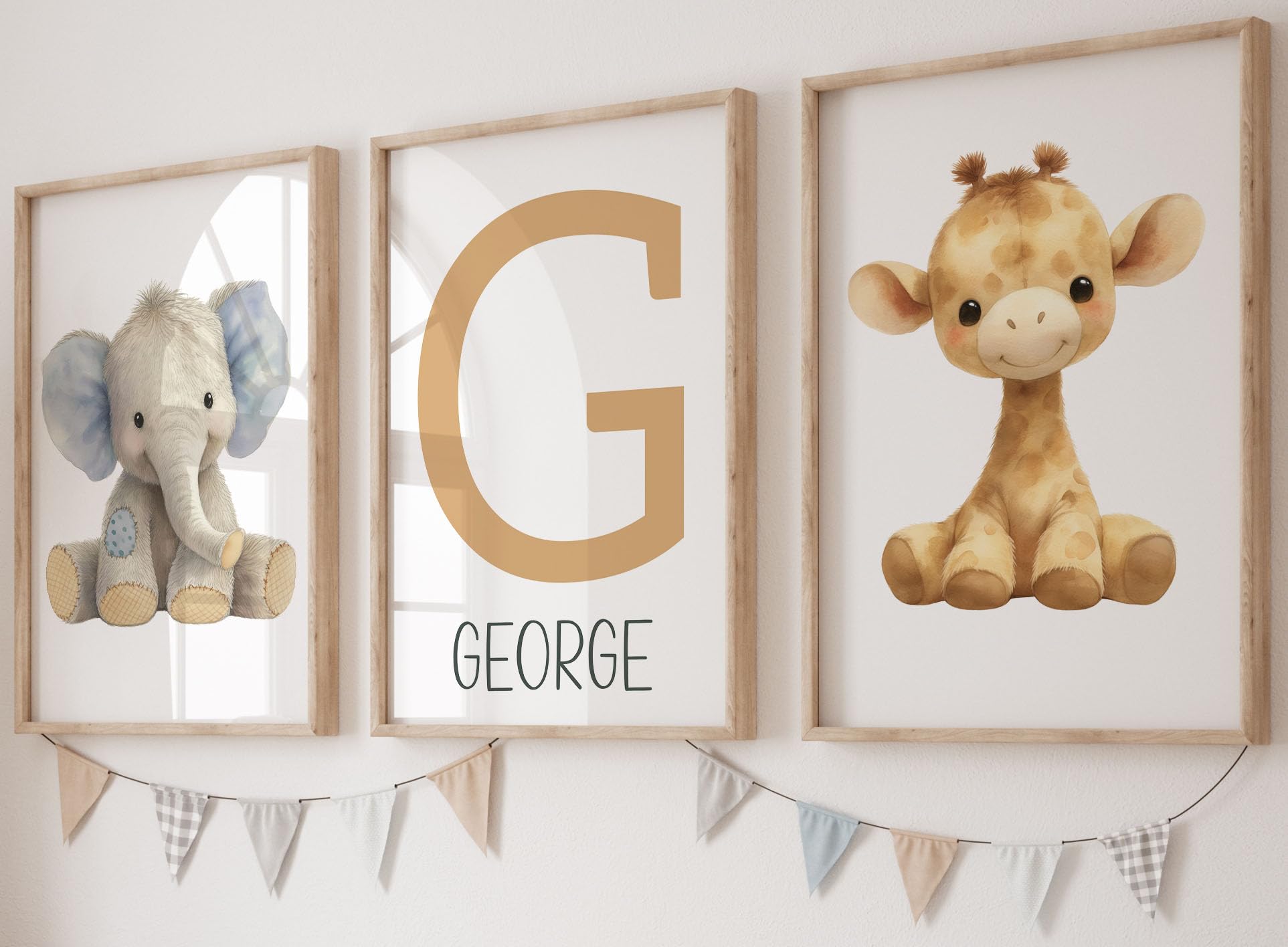 Eviepops Prints Baby Safari Animals set of 3 Unframed Poster Prints for Baby Girl Boy Nursery Bedroom, Personalise Name Grey or Brown, Teddy Bear Style, Jungle Theme Wall Art, 8 Animals (A4) โ image 1