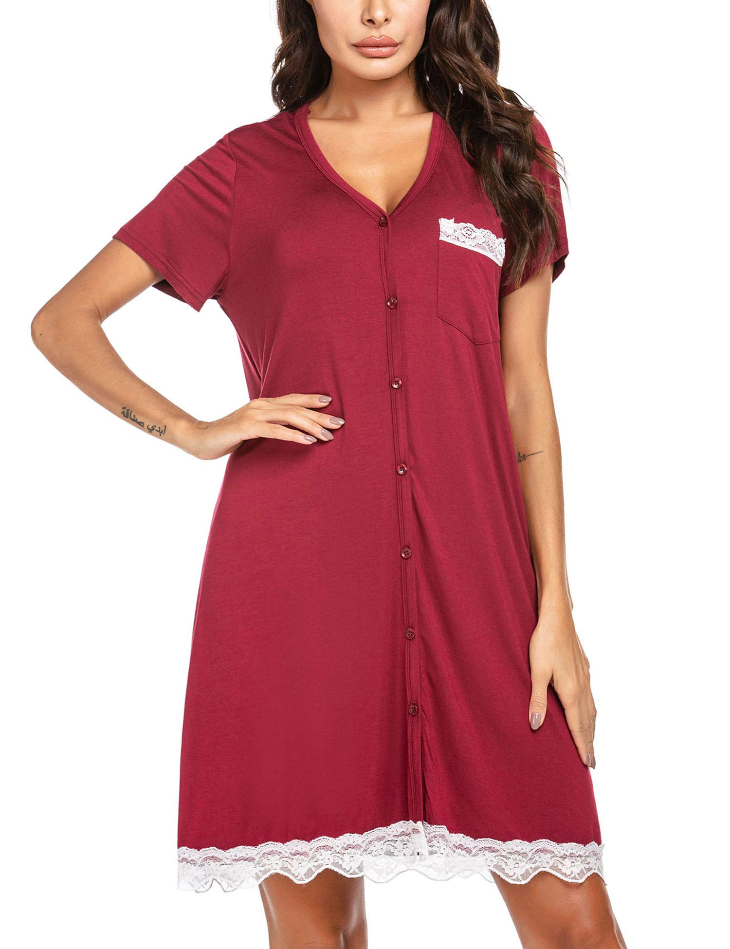 Ekouaer Camicia da Notte Allattamento Donna Maniche Corte Pigiama Sexy Premaman Nightdress Bottoni Pizzo, S-XXL