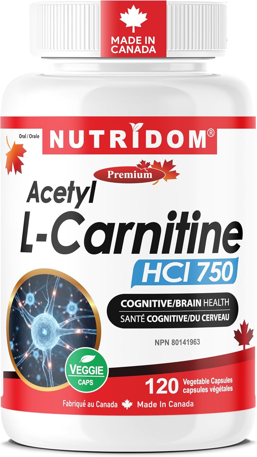 Nutridom Acetyl L-Carnitine HCl 750mg | 120 Veggie Capsules | Supports Cognitive & Brain Health | Vegan, Non-GMO, Allergen-Free | Made in Canada