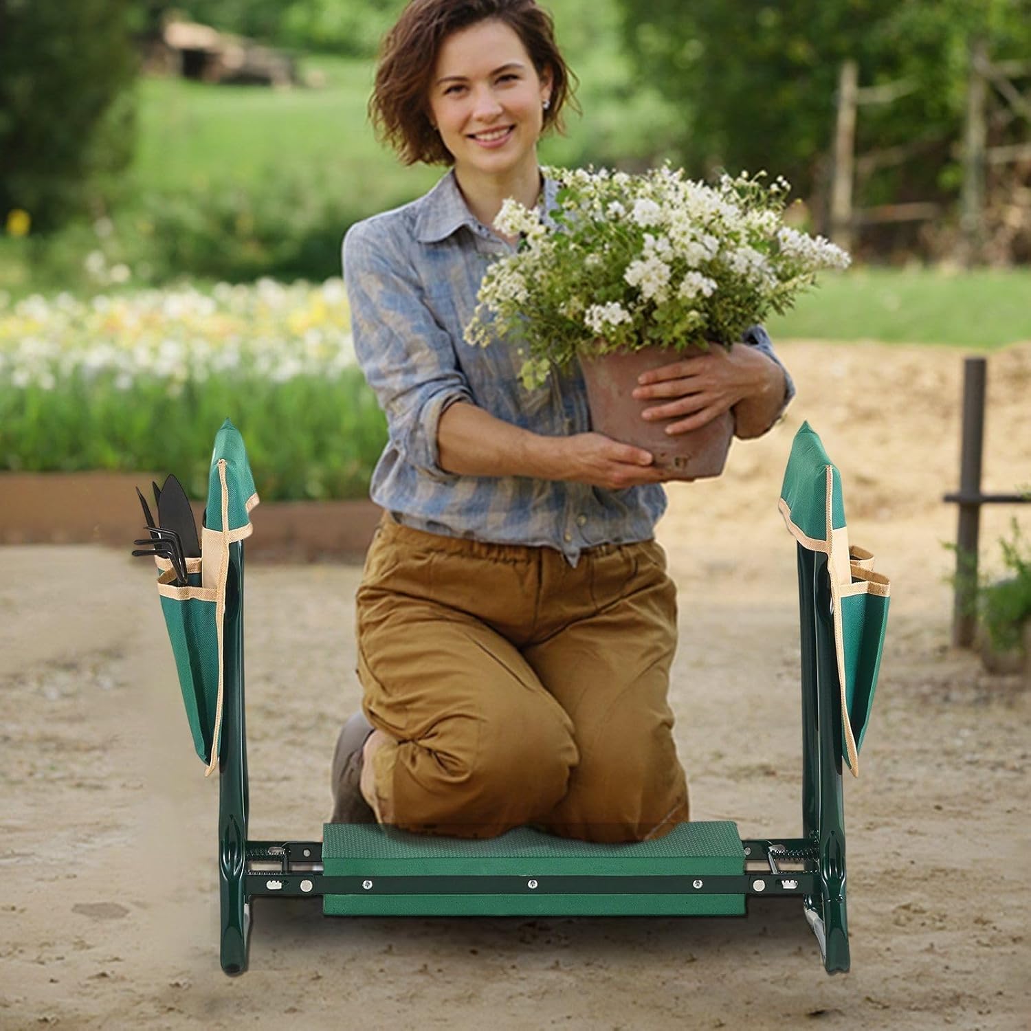 Garden Kneeler and Seat with 6" Thick EVA Pad,Folding Stool Bench,330 lbs Capacity,Dual Tool Bags,Ergonomic Handles for Seniors,Lightweight & Portable for Gardening,Weeding,Planting