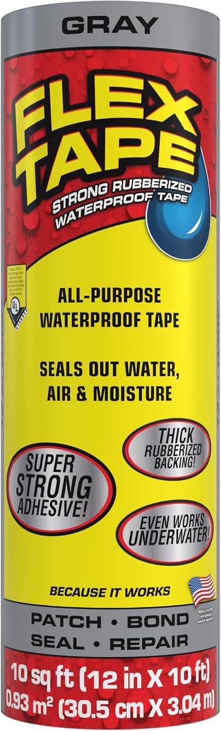 Flex Tape Strong Rubberized Waterproof Tape, Gray, 12 in x 10 ft, 1-Pack