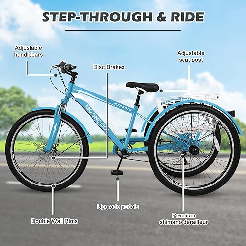 Miniatura 44 de H&ZT Triciclo para adultos, bicicleta de 3 ruedas, triciclo crucero, con engranaje de 7 velocidades, mango de freno de estacionamiento, escalón