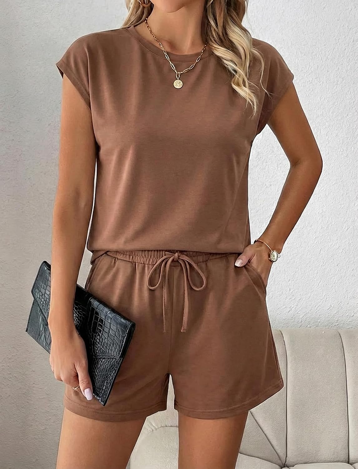 Womens Short Sets Crew Neck Cap Sleeve Lounge Set Casual Summer Two Piece Outfit Loose Drawstring Shorts with Pockets image 4