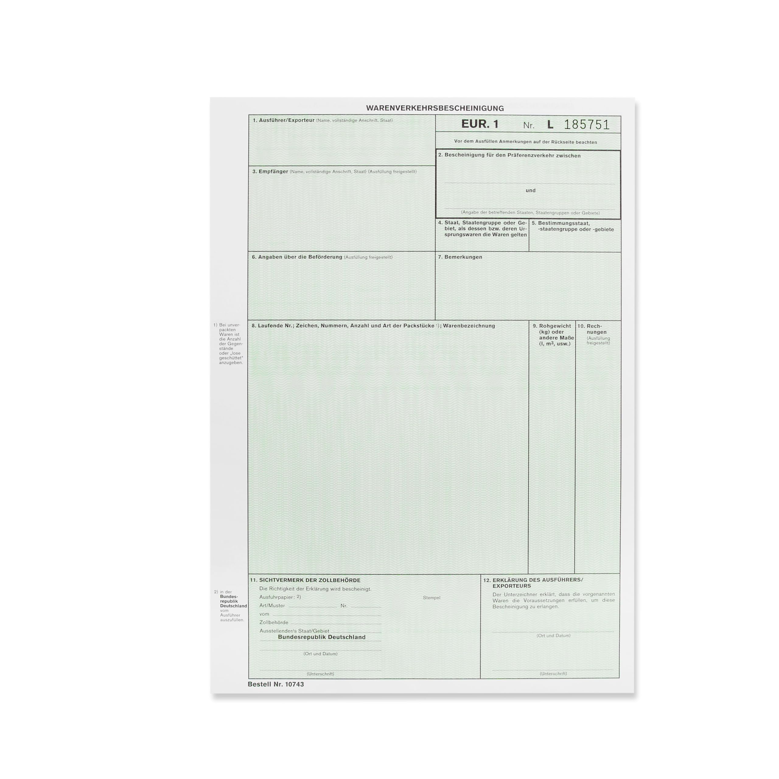 EUR1 EUR.1 Warenverkehrsbescheinigung Formular für Laserdrucker (10 Stück)