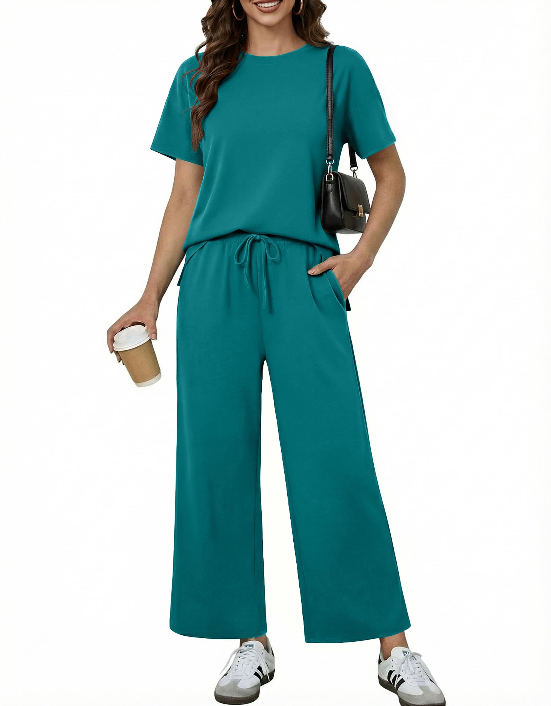PINSPARK Soft 2 Piece Sets for Women Short Sleeve Matching Lounge Set Wide Leg Pants Tracksuit Travel Summer Outfits 2026