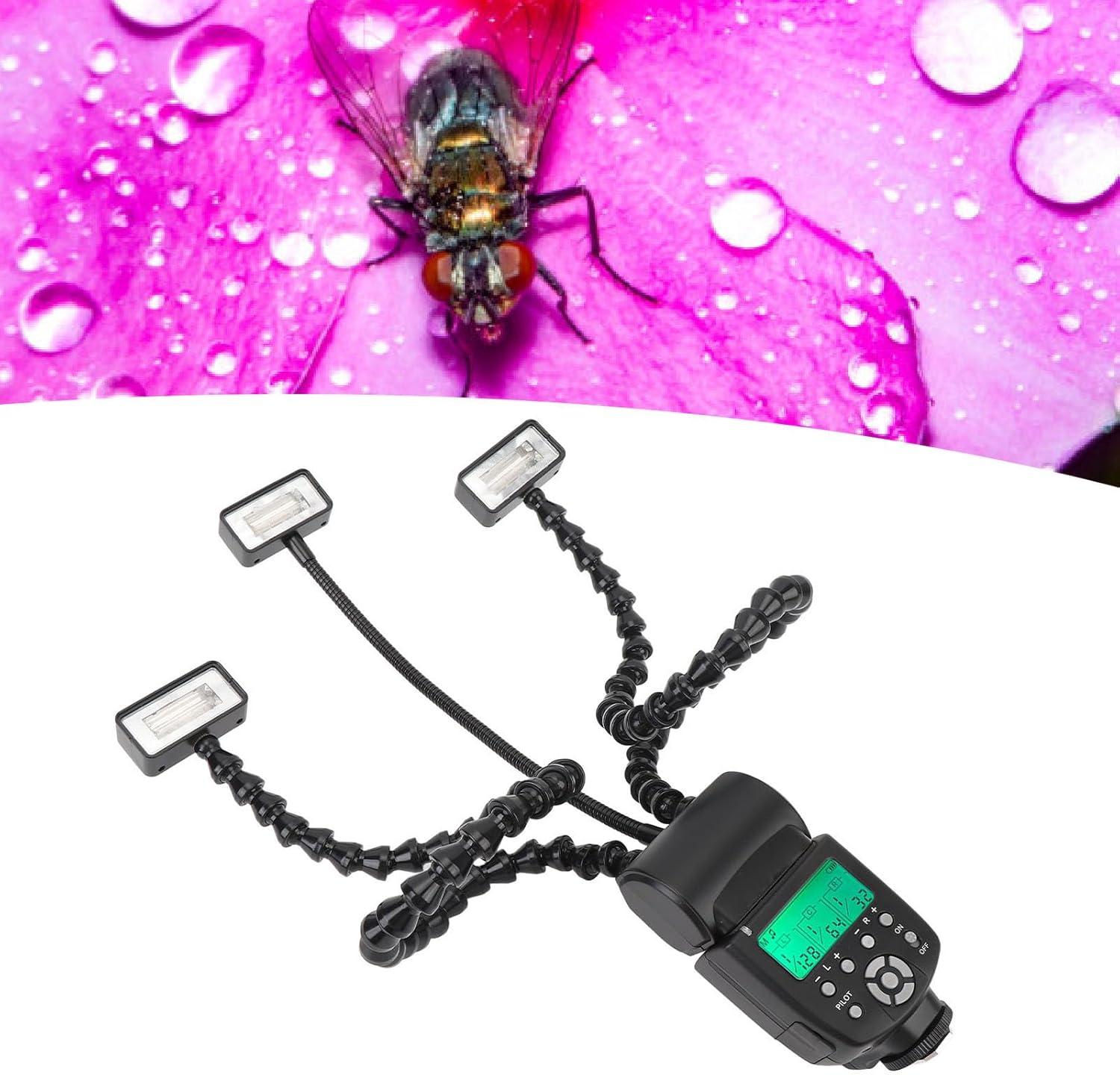 Camera Macro Flash Light, 5600K Flexible 3 Head Camera Flash with LCD Screen 8-Level Brightness Control, Adjustable Arms, Portable Camera Macro Arm Light