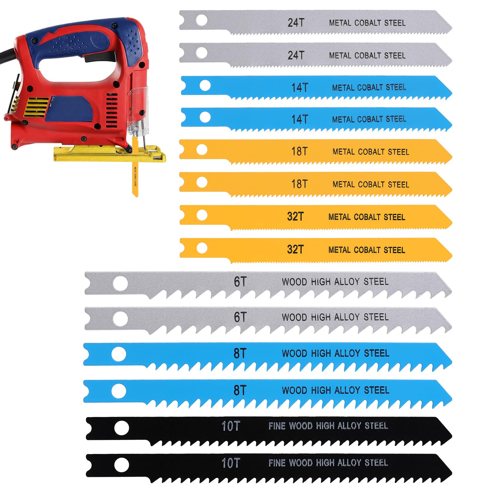 14 Pack U-Shank Jig Saw Blade Set, Jigsaw Blades for Wood Plastic Metal Cutting Fit Vast Majority U Shank Jigsaws Jigsaw Blades Set Includes 6/8/10/14/18/24/32T