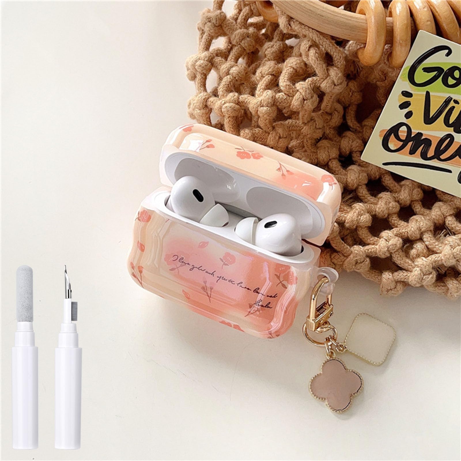 COTYPOFLIYTT Compatible with AirPods 4 Case 2024 Flowers with Cleaner Kit Cute Keychain Cover Floral Pattern Case for Girls Women Airpods 4th