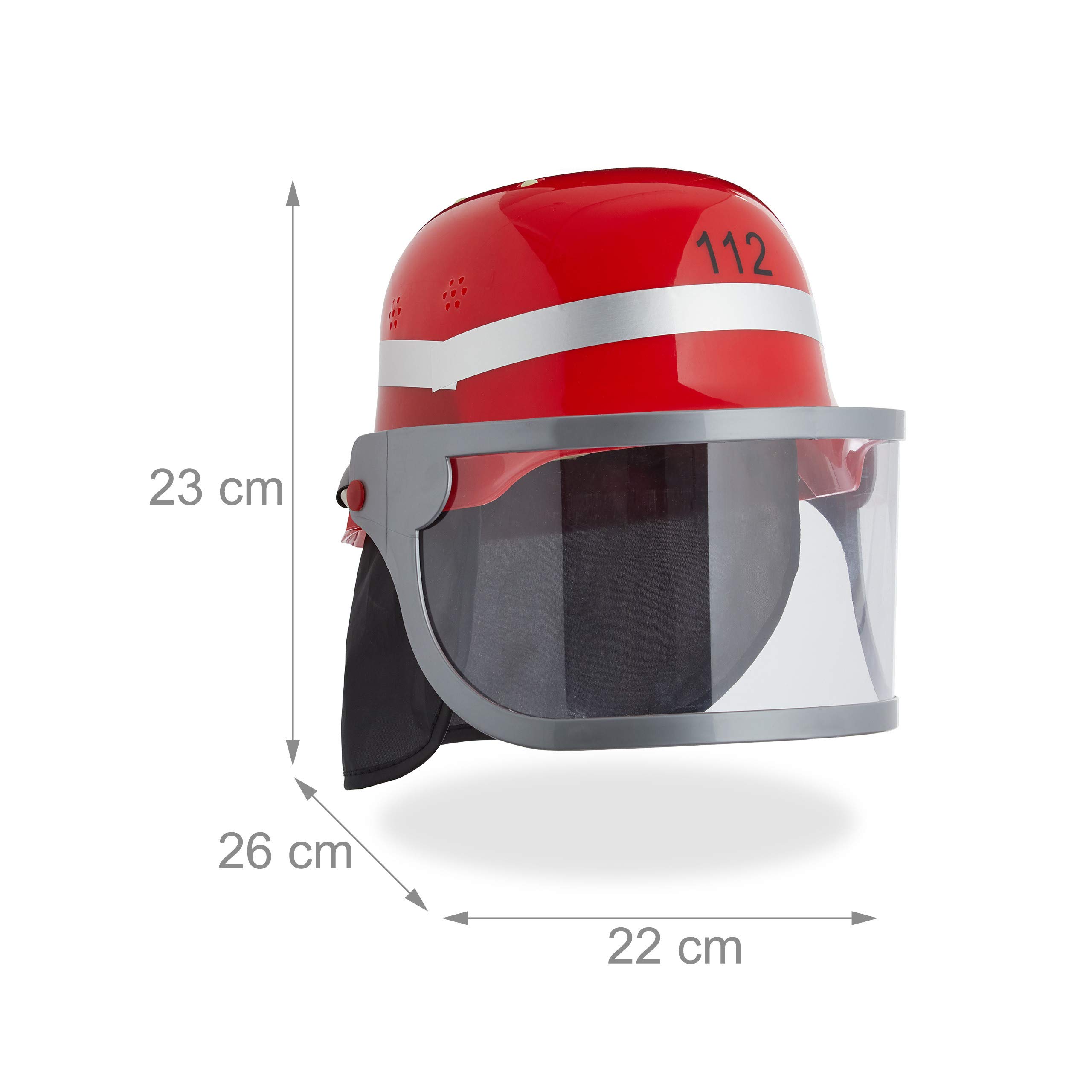 Relaxdays Casco da Pompiere per Bambini, con Visiera, Fazzoletto per Collo & Poggia Mento, Regolabile, Carnevale, rosso