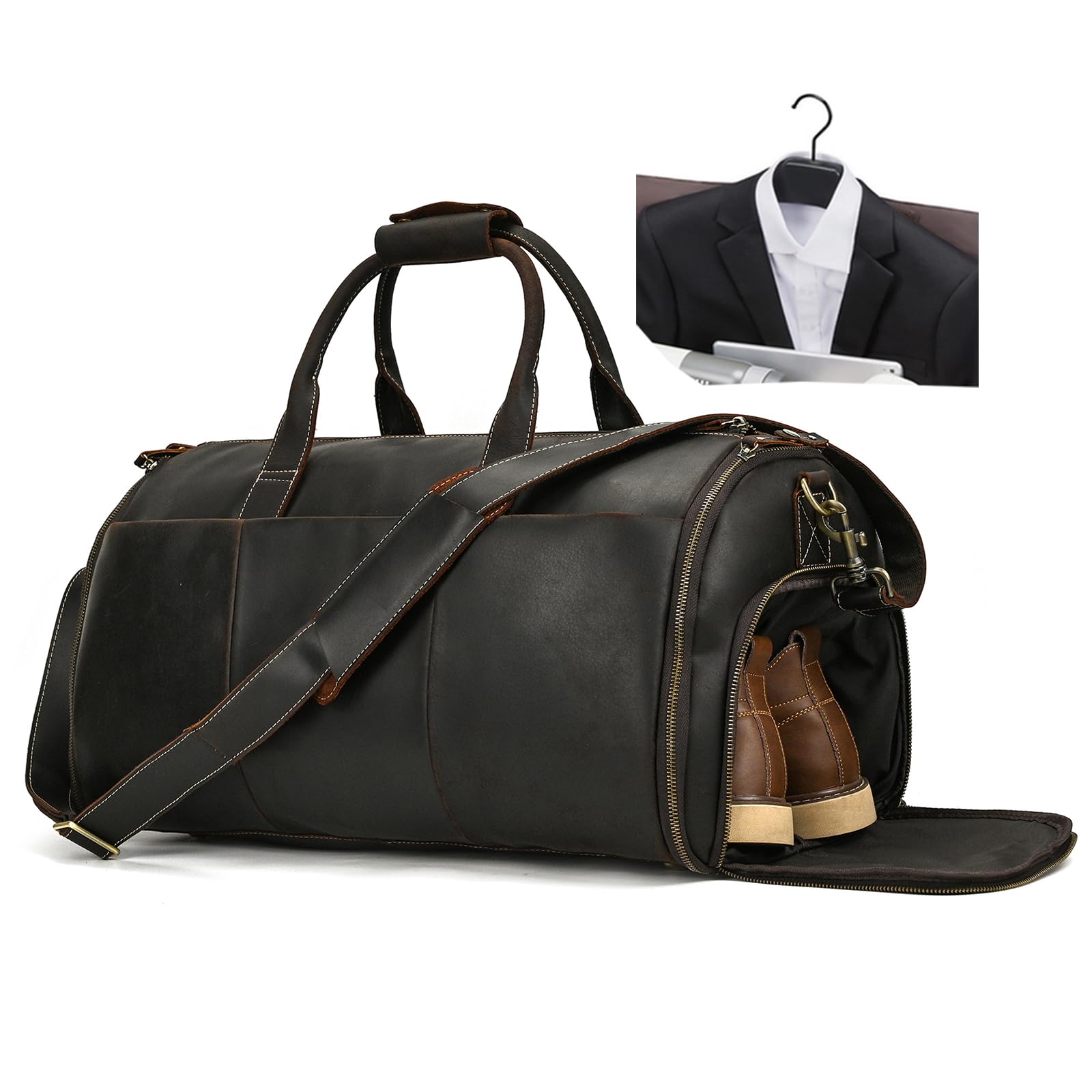 LUUFAN Borsa da viaggio in pelle pieno fiore Borsa porta abiti di grande capacità con scomparto per le scarpe, borse da viaggio Overnight Gym Sports Duffel Bags per gli uomini, marrone scuro