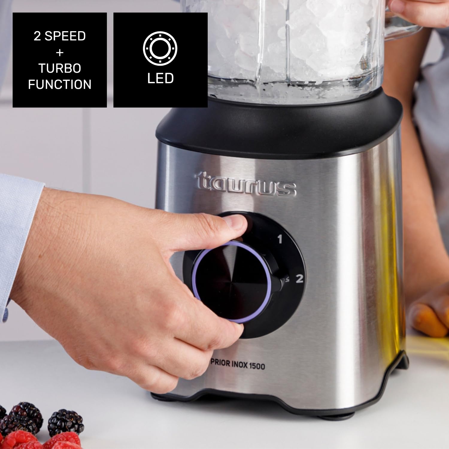 Taurus - Blender Puissant Prior Inox 1500W | 2 Vitesses Turbo | Carafe en Verre 2L | Lames 6 Fils | Acier Inoxydable | Base Antidérapante | Sans BPA, Noir, Métal