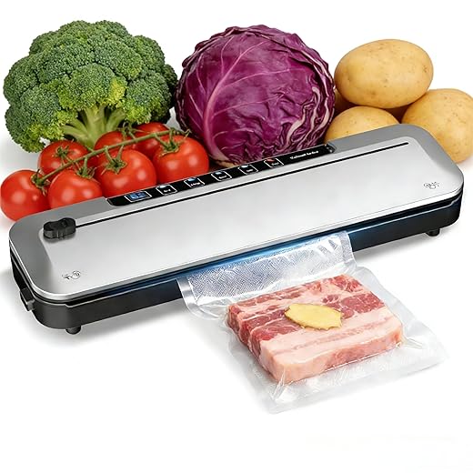 Vacuum Sealer Machine 75KPa Food with 6-in-1 Dry/Moist Modes & Digital Timer, Compact Lightweight Design, Built-in Cutter + 10 Bags (Black Silver)