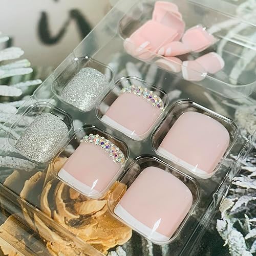 Miniatura 5 de Uñas postizas a presión con diseños de diamantes de imitación, uñas postizas reutilizables de cobertura completa con pestaña adhesiva, uñas postizas