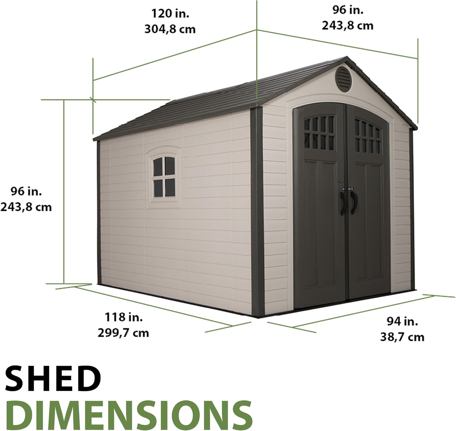 Lifetime 8 x 10 Ft Outdoor Storage Shed, Dual-Wall HDPE Construction, Steel-Reinforced, Skylight and Window, Lockable Doors, Vents, UV-Protected, Desert Sand