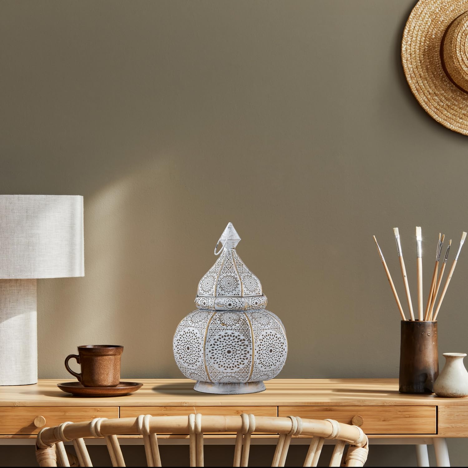 Marrakech - Lámpara de mesa y farol (metal, 30 cm), diseño oriental, color blanco