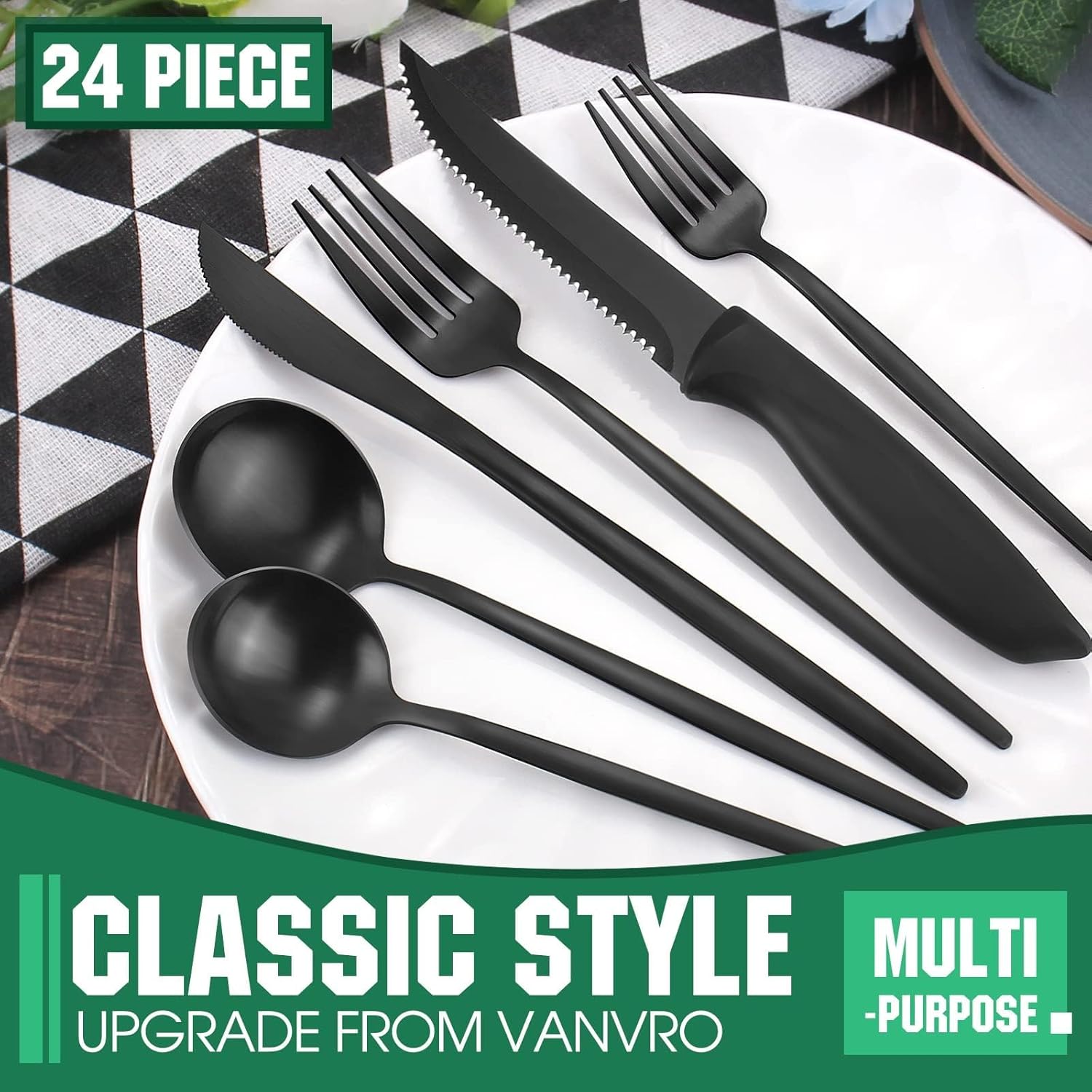 VANVRO 24 Pieces Matte Black Silverware Set with Steak Knives,Satin Finish tableware Cutlery Set for Home and Restaurant,Matte Knife Spoon and Fork Sets Service for 4,Dishwasher Safe