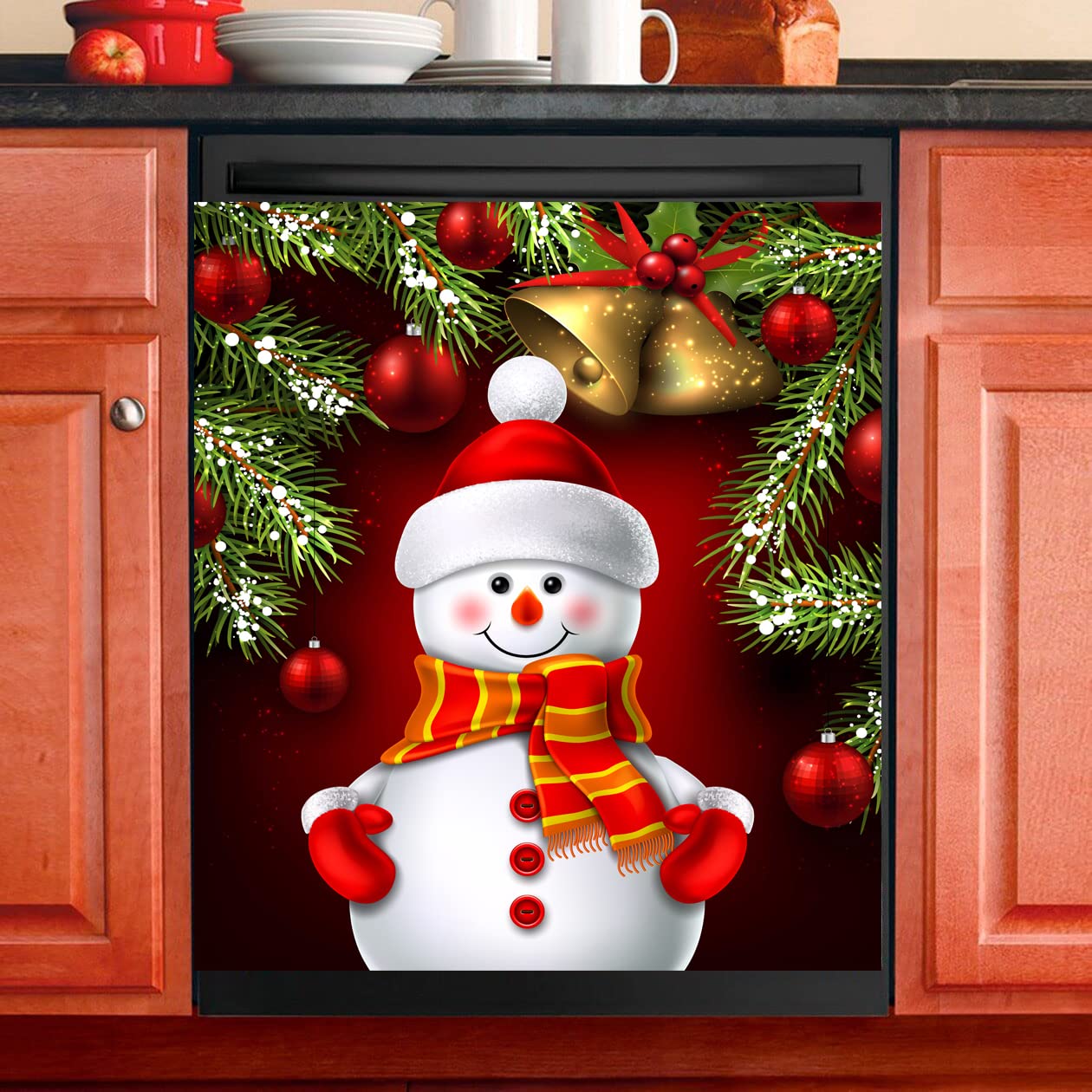 Dishwasher Magnet Cover Panel for The Front, Christmas Red Snowman Bell Magnetic Covers Sticker Decal Washing Machine Cover Decorative Home Season Decor,26x23