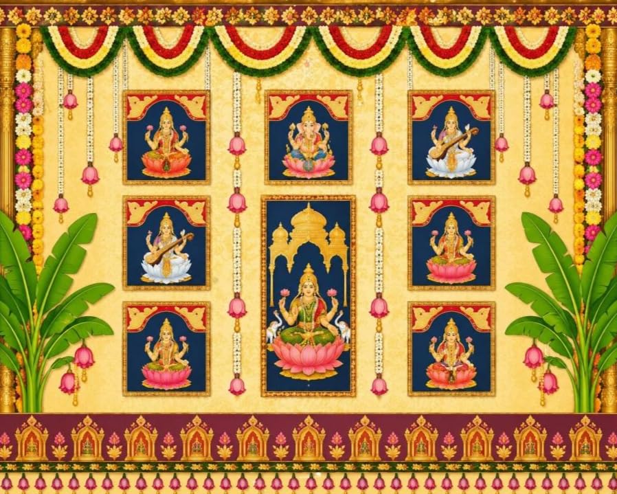 Image of sravanamasam Pooja Decoration Backdrop | Lakshmi and Lord Ganesha Puja Backdrop with Banana Trees 8x8 Feet |Lakshmi Pooja Background | varalakshmi Pooja Decoration Backdrop