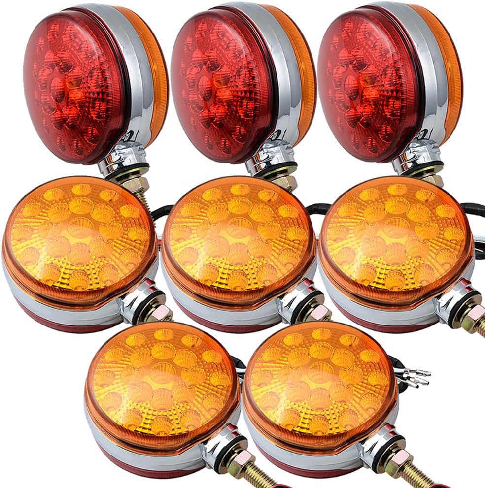 Pedestal Dual Face Fender Side Marker Lights Running Brake Stop Turn Signal Lamps Dual Face Bolt-on for Truck Trailer RV Car DC 12V 24V - Combo 8PCS 4" Round, Red Amber 42-LED 21W