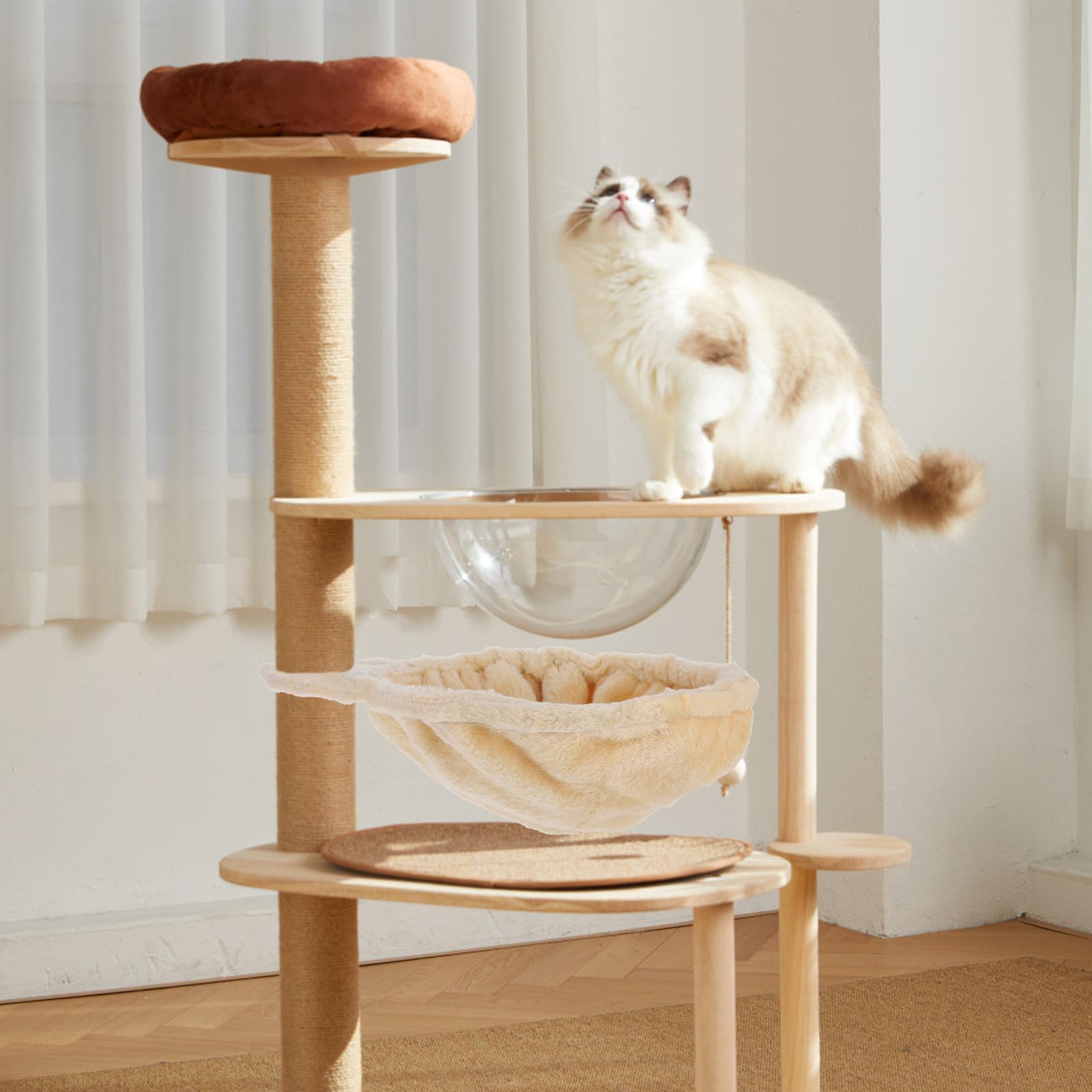 Hamac pour Chat en Peluche Doux Beige, Lit Suspendu à Fenêtre, Nid Douillet Intérieur pour Chat Adulte, Meuble de Repos et Aire de Jeux