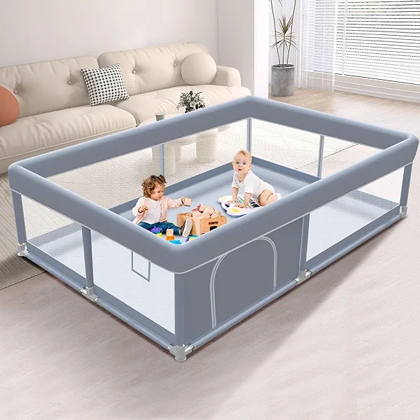 XVISHX 65 x 50 Inch Baby Playpen, Playpen for Babies and Toddlers, Baby Play Pen Playard for Indoor & Outdoor Active Center Game Fence, with Skin-Friendly Fabric and Soft Breathable Mesh, Grey