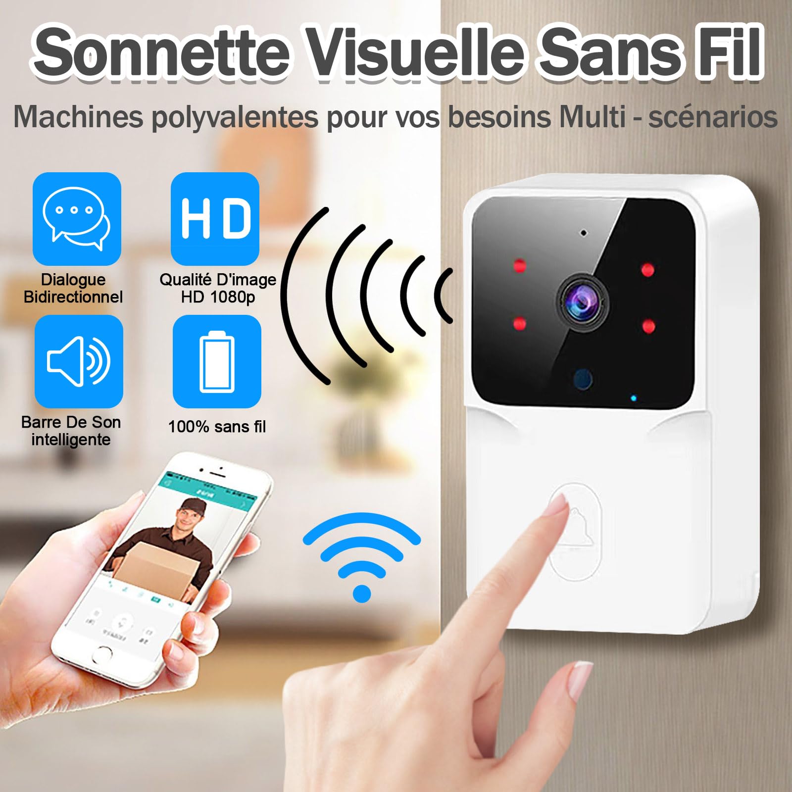 Générique Sonnette Vidéo WiFi 1080P HD avec Caméra et Vision Nocturne - Détection de Mouvement, Audio Bidirectionnel, Installation Facile - Sécurité Intelligente pour Maison