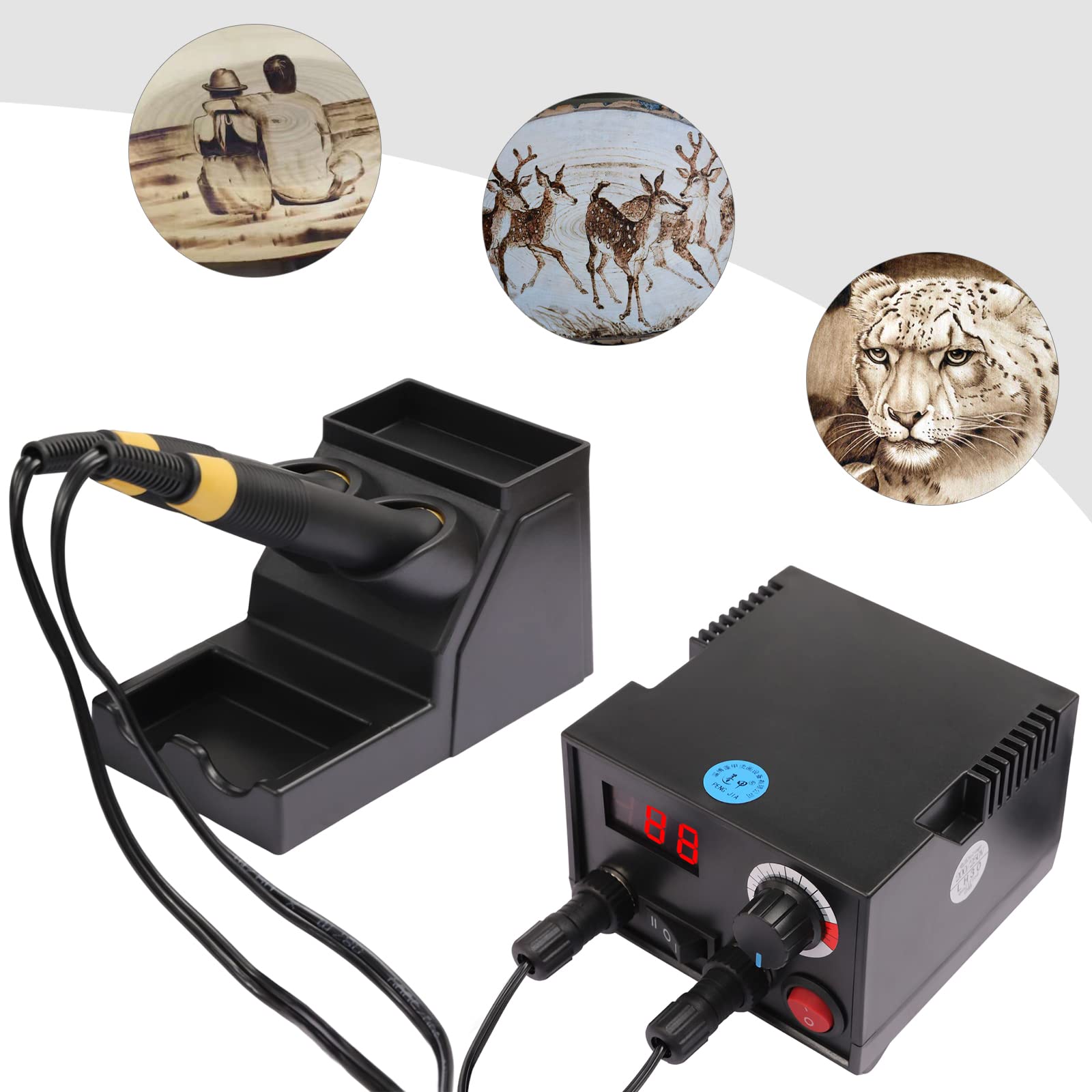 Máquina de pirografía con 2 pines, juego de quemadores de madera de 60 W, temperatura ajustable, máquina de combustión de madera con 20 puntas de alambre de pirografía para madera, cuero, calabaza