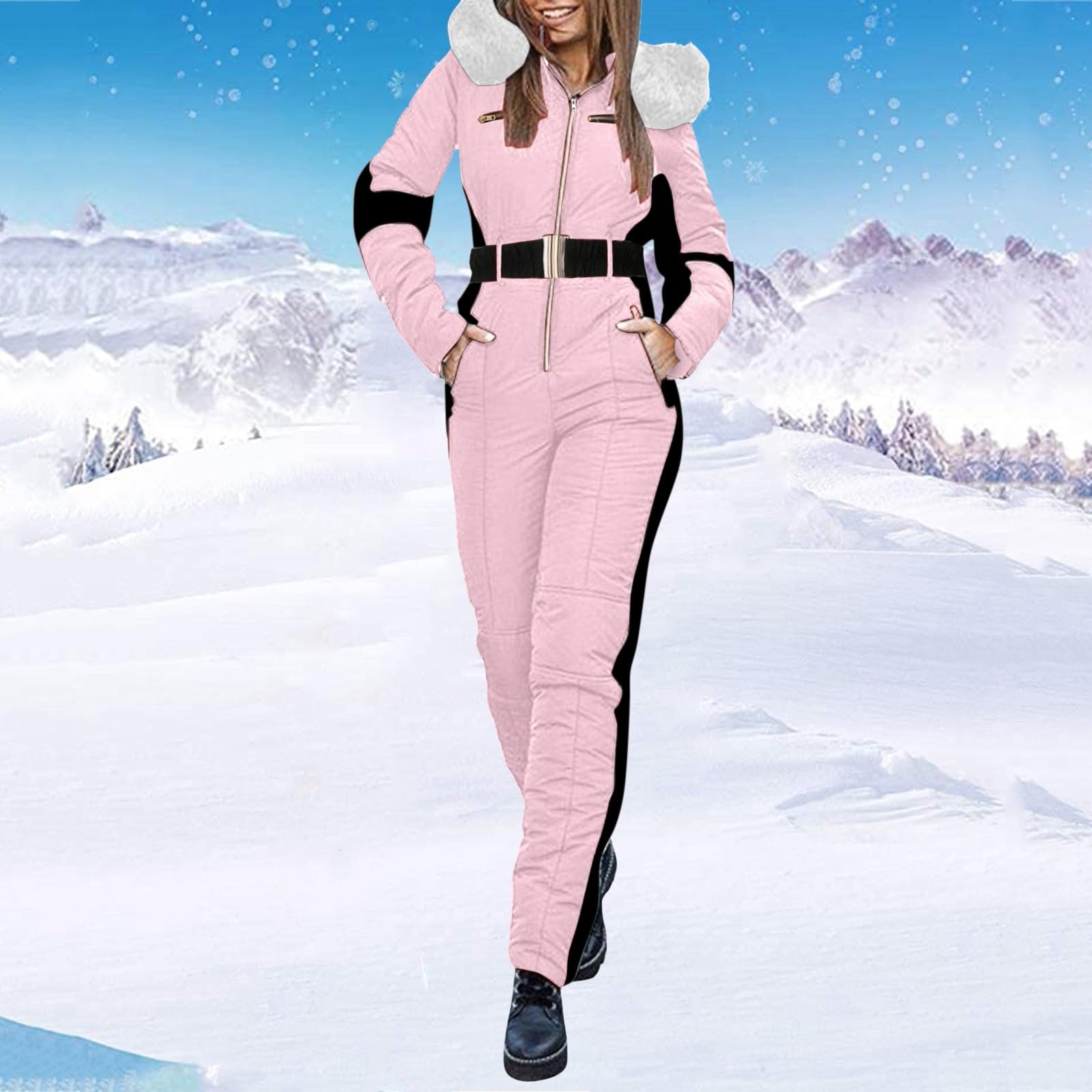 Skianzug Einteiliger, Skioverall Winter, Warme Schnee Skifahren, Damen Schneeanzug, Warme wasserdicht Schneejacke, Sätze Outdoor Jumpsuit, Langer Overall mit Kapuze, Reißverschluss Skianzüge
