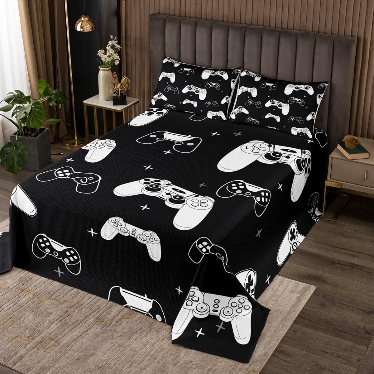 Homewish Teens Gamepad Gamping Bedspread 3Pcs,Modern Gamer Theme Bedding Set King Size for Kids Boys Men Room Decor,Video Games Black Printed Comforter Set Player Gaming Coverlet Set,2 Pillowcases