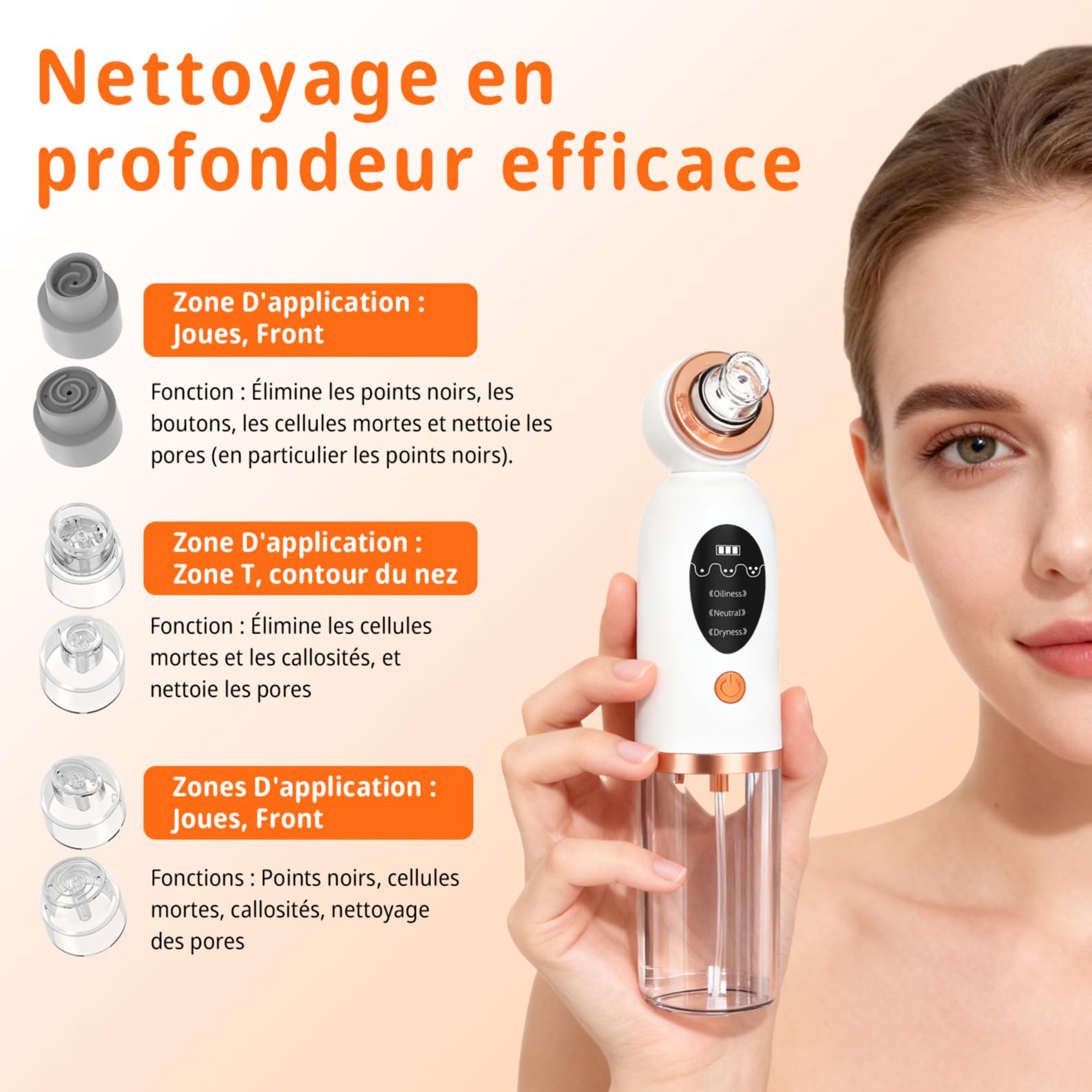 Aspirateur Pour Points Noirs, Extracteur Points Noirs Visage, 3 Modi Rechargeable & 6 Sondes & Réservoir d'eau Visible pour le Nettoyage du Visage, Traitement de l'acné et Soins de la Peau - Blanc
