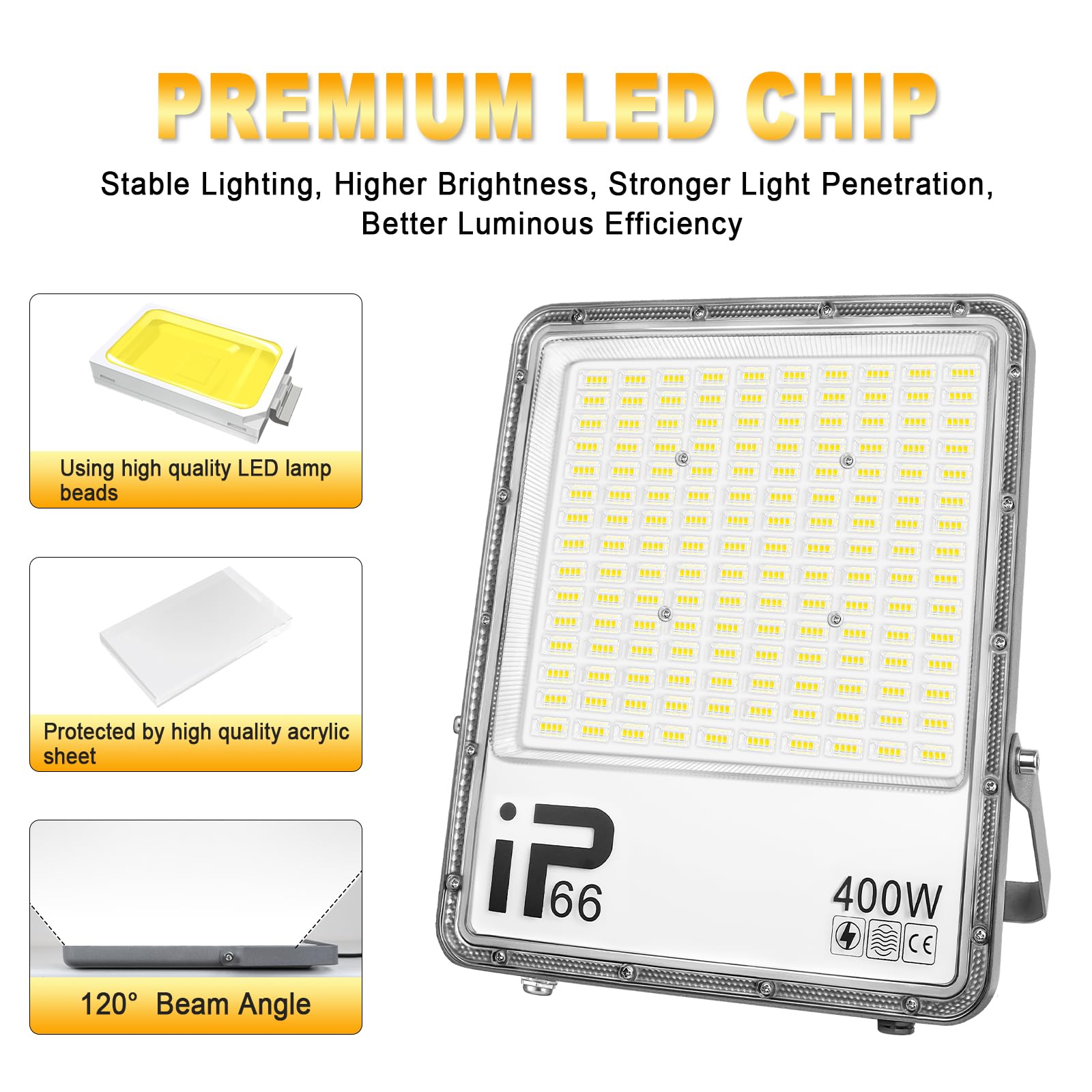 Willpower Outdoor LED Floodlights 400W 40000LM, LED Security Lights 6000K Cold White, IP66 Waterproof for Garden Garage, Yard - Image 3