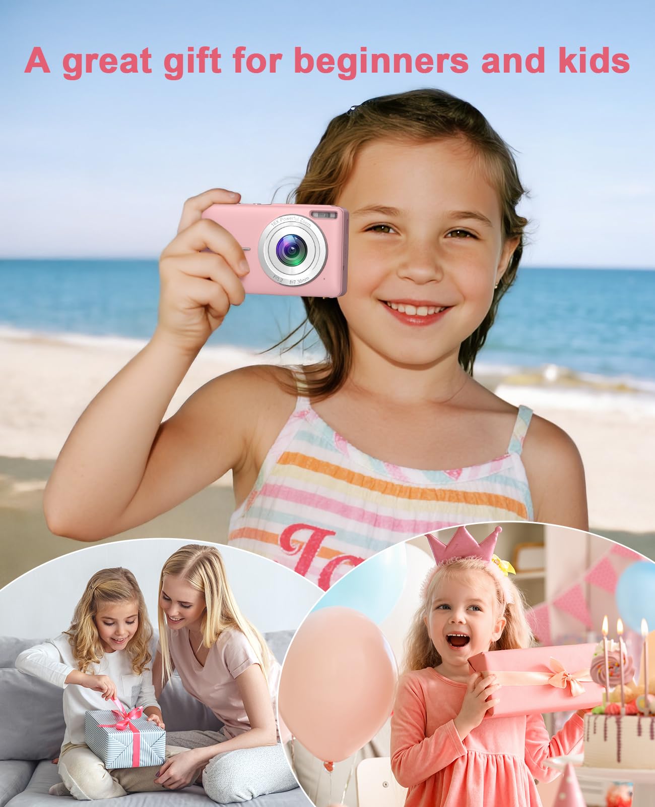 Cámara digital 1080P FHD 44MP cámara digital compacta con pantalla de 2.5 pulgadas, zoom 16X, antivibración, cámara digital portátil pequeña para niños, adolescentes, personas mayores, principiantes