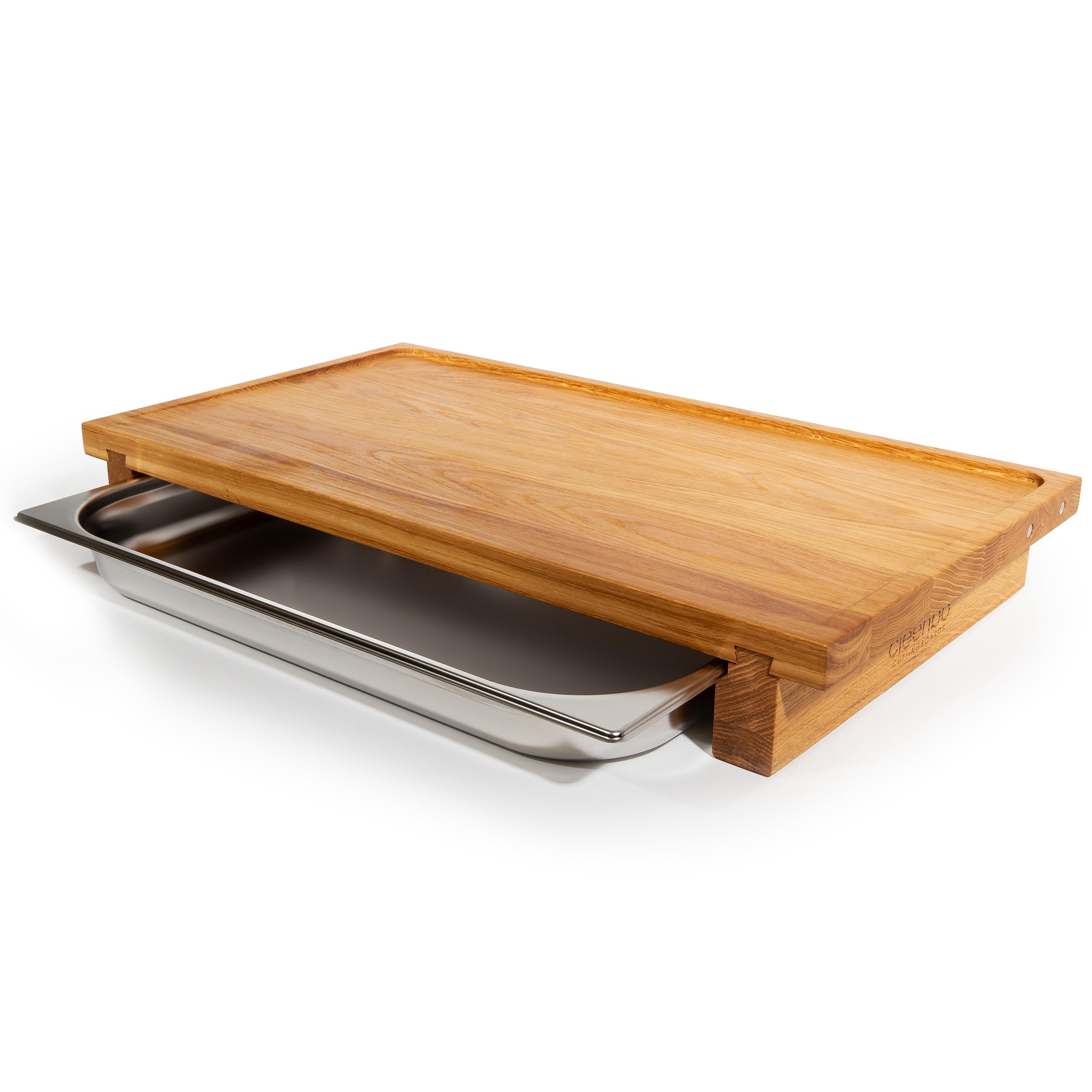Schneidebrett Classic Oak Big bloc GN BBQ - Profi Holz Küchenbrett groß aus geölter Eiche - Hackbrett XXL mit Auffangschale - Edelstahl Auffangbehälter - Maße: 65 x 36 x 8,7 cm