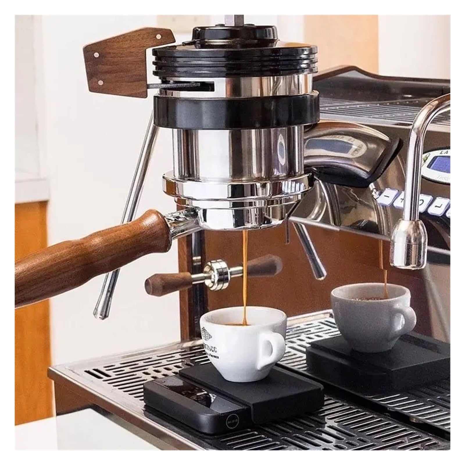 eufeifeiegds Portafiltro sin fondo de 58 mm for cafeteras espresso EXPOBAR E61 de dos asas con filtro. Accesorios for cafeteras espresso.(58MM E61 Beech)