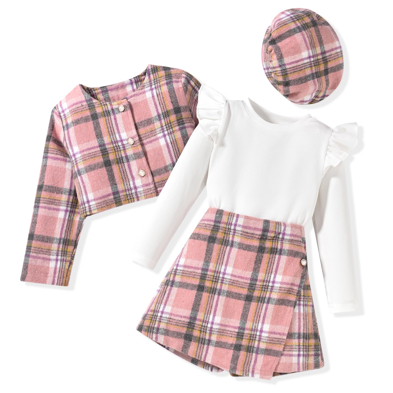 HINTINA Toddler Girl 4 Pieces Outfits Ruffles Long Sleeve Tops Plaid Skirt Jacket And Hat Fall Winter Clothes Set