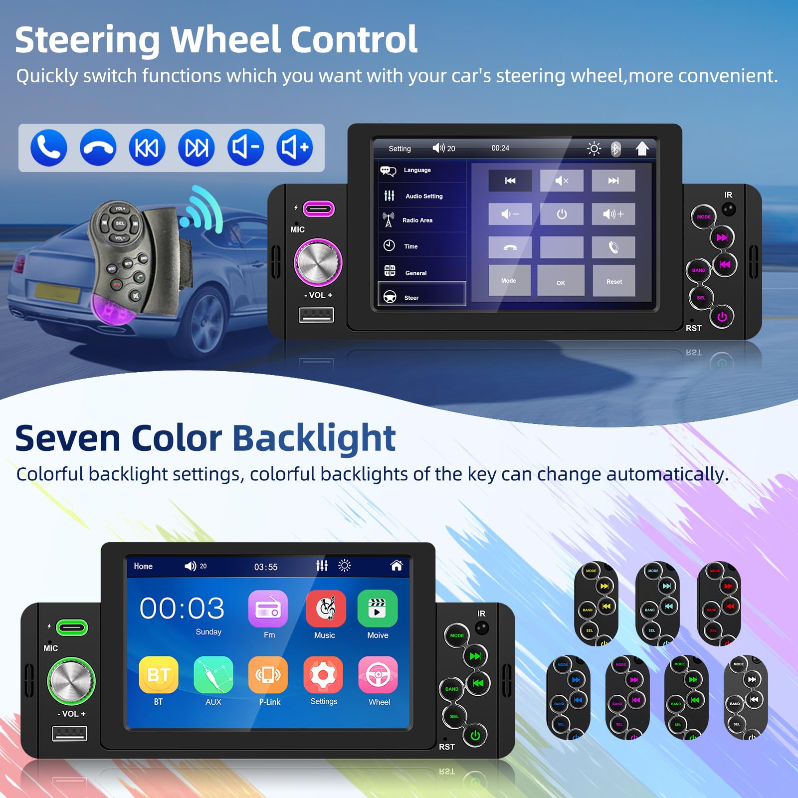 Podofo Radio Coche 1 DIN con Sistema Manos Libres Bluetooth, Radio Coche 5 Pulgadas con Pantalla, Soporte Receptor FM MP5, Conexión Espejo, Mando a Distancia, SWC+ Cámara Trasera y Micrófono
