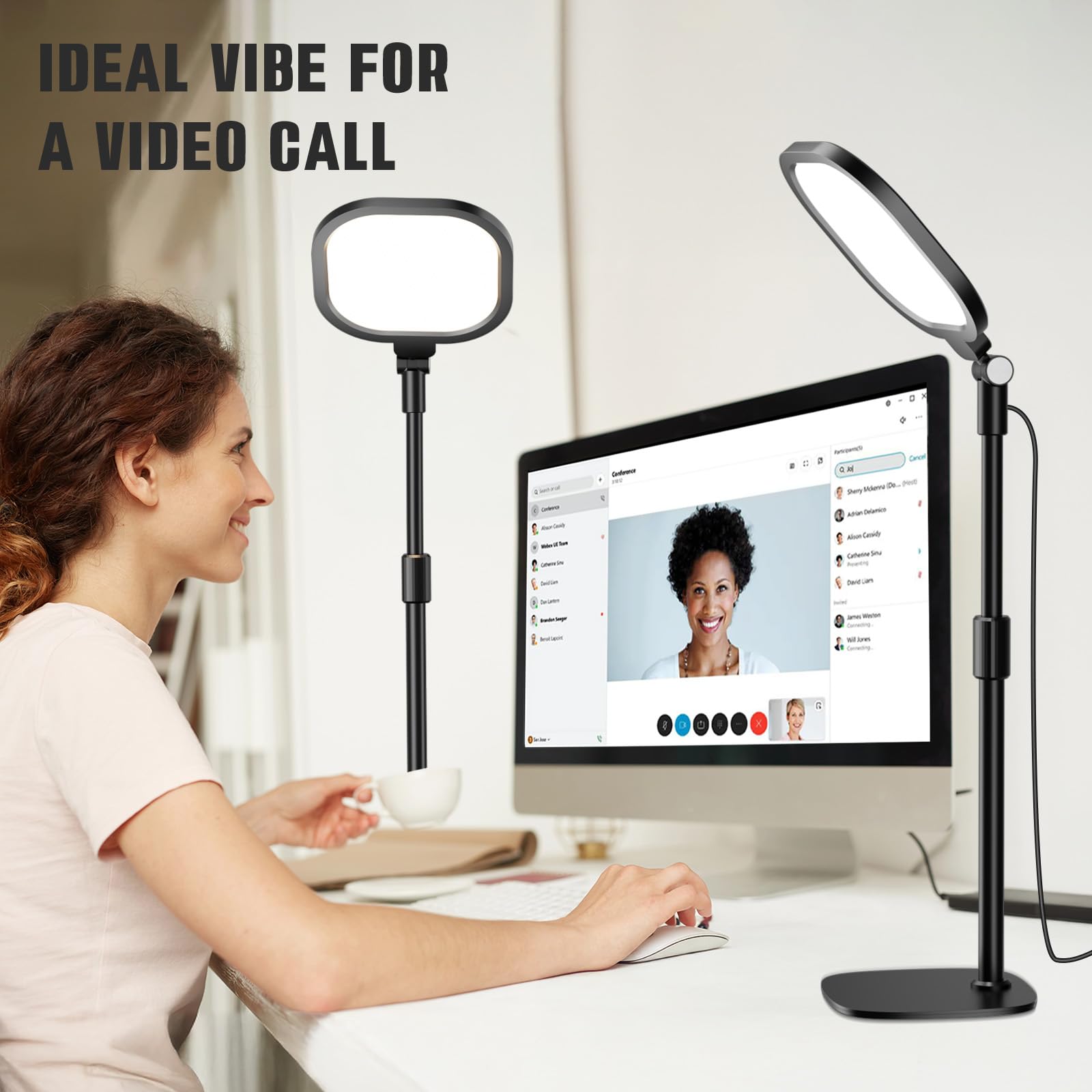 Paquete de 2 kits de iluminación de videoconferencia, anillo de luz regulable para escritorio con soporte y soporte para teléfono, luz para laptop para reuniones de zoom, videollamadas,