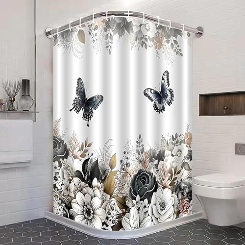 Miniatura 3 de Cortina de ducha floral negra y blanca, cortinas de ducha de flores y mariposas para baño, cortinas de baño de tela impermeable con hojas florales
