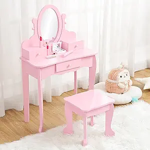 GarveeHome Girls' Vanity Set with Mirror, Makeup Table and Stool for Kids, Wood Dressup Playset for 4-9, Pink