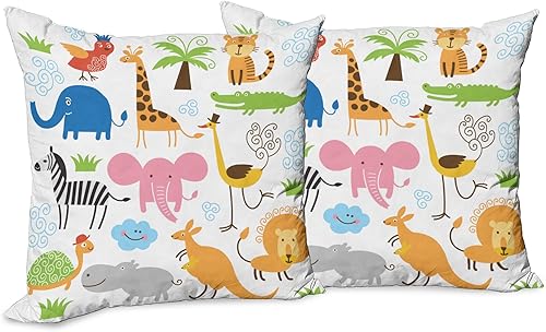 Ambesonne Paquete de 2 fundas de cojín de animales, diseño de jirafa, elefante, cebra, tortuga, niños, guardería, estampado de dibujos animados,