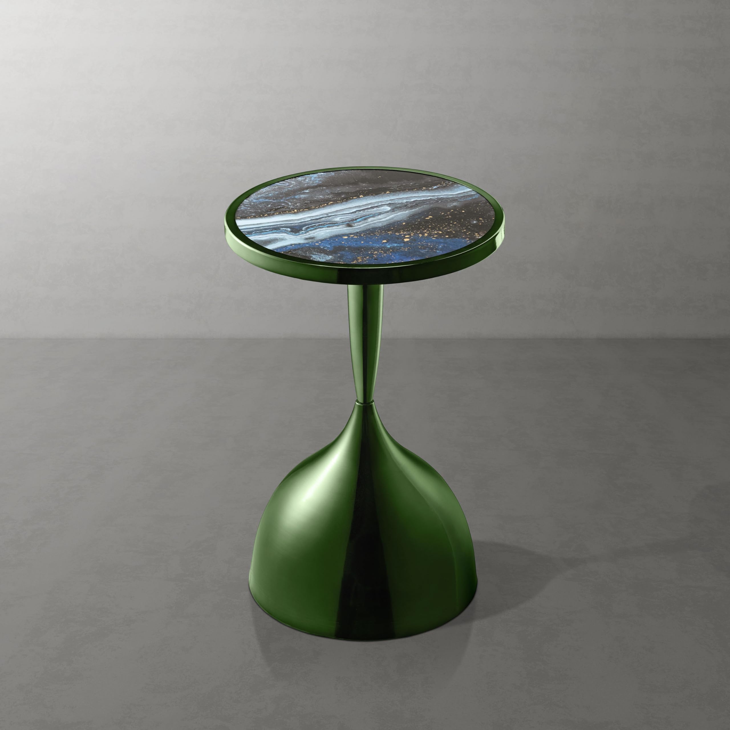 Homes: Inside + Out Halric Modern 24" Tall Round End Table with Decorated Tabletop and Iron Metal Base, Accent Furniture, Elegant Pedestal Stand for Living Room, Home Office, Chrome Green