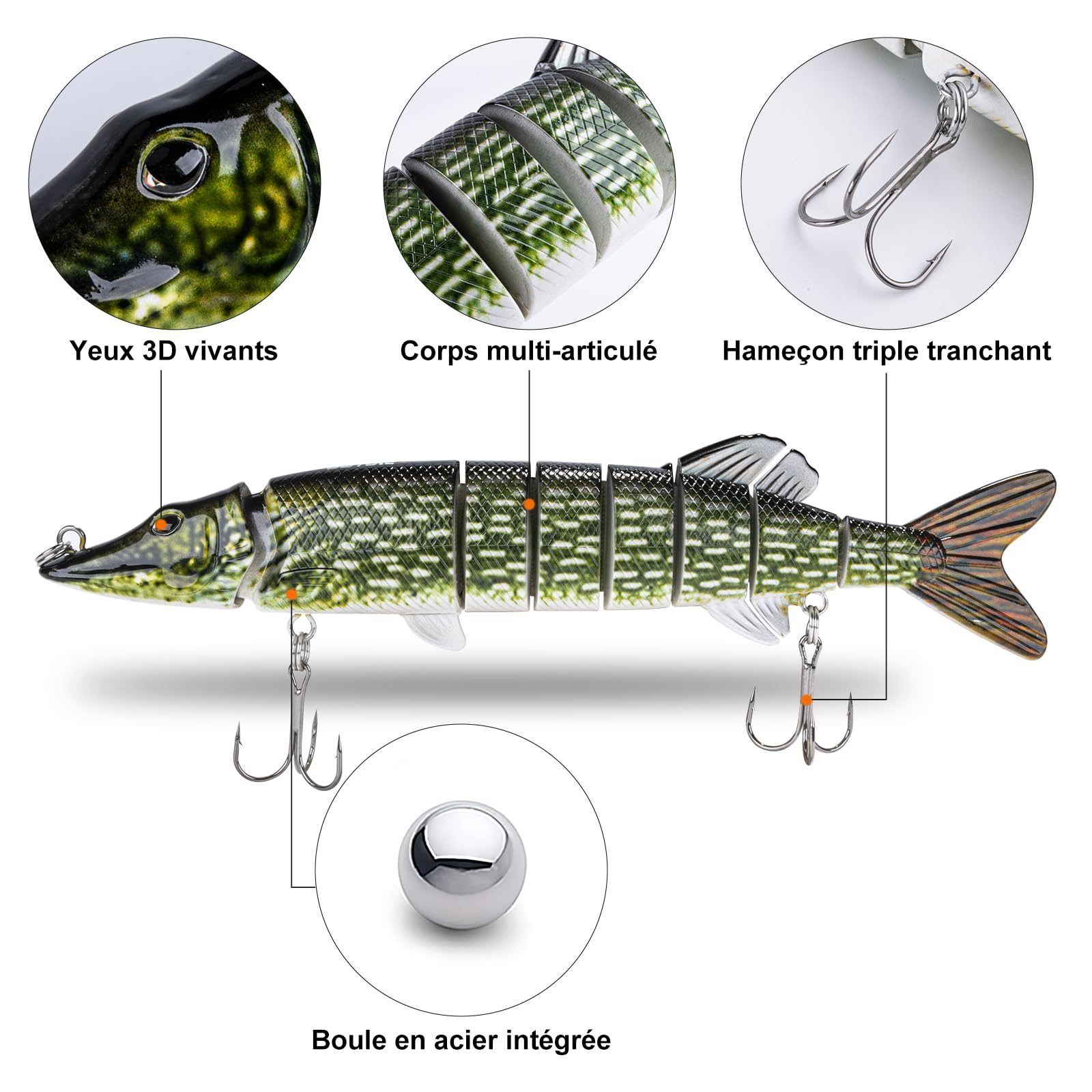Goture Appât Artificiel pour Brochet, Appât de Glisse pour Brochet, Appât de Pêche en Surface pour Appât de Natation Segmenté, Appât de Pêche Réaliste pour Sandre, Perche, Truite, Wobbler Swimbait
