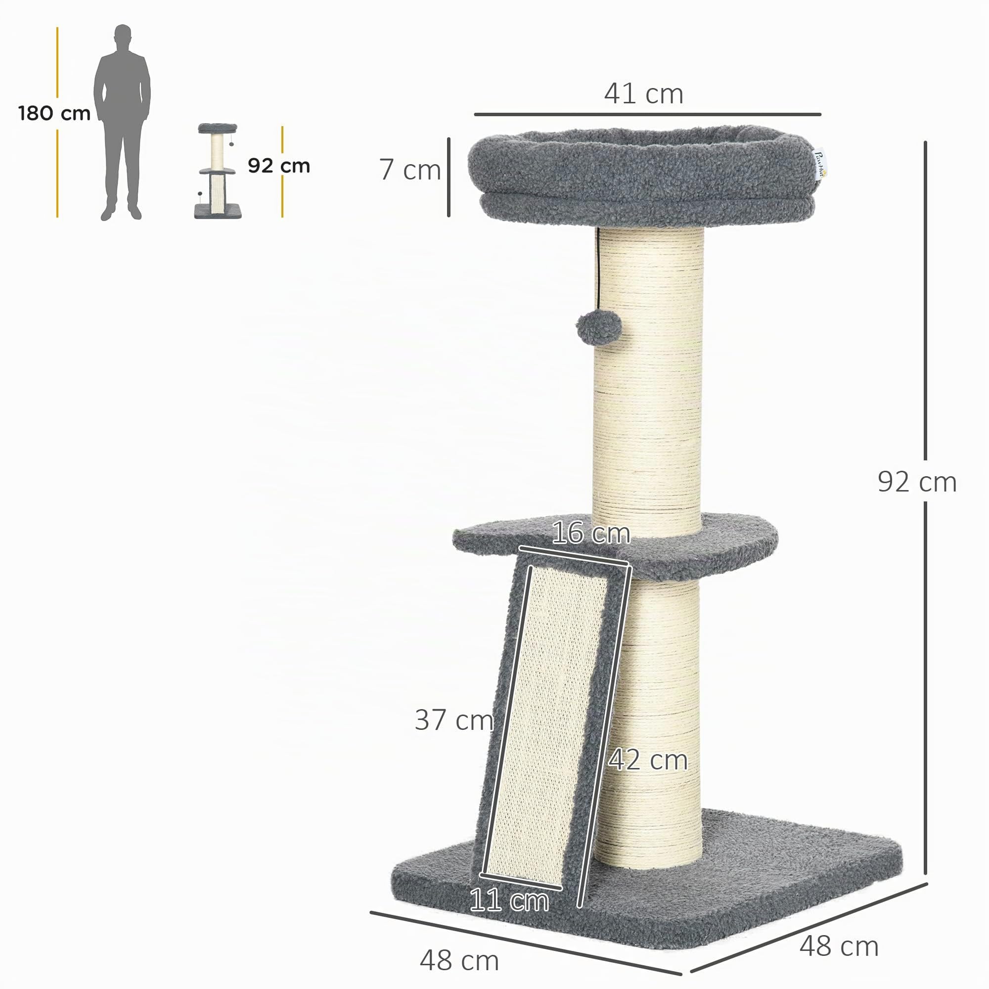 PawHut Torre per Gatti Tiragraffi con Palline e Posatoi, per Gatti max 5kg, in Truciolato, Sisal e Finto Vello d'Agnello, 48x48x92 cm, Grigio e Bianco