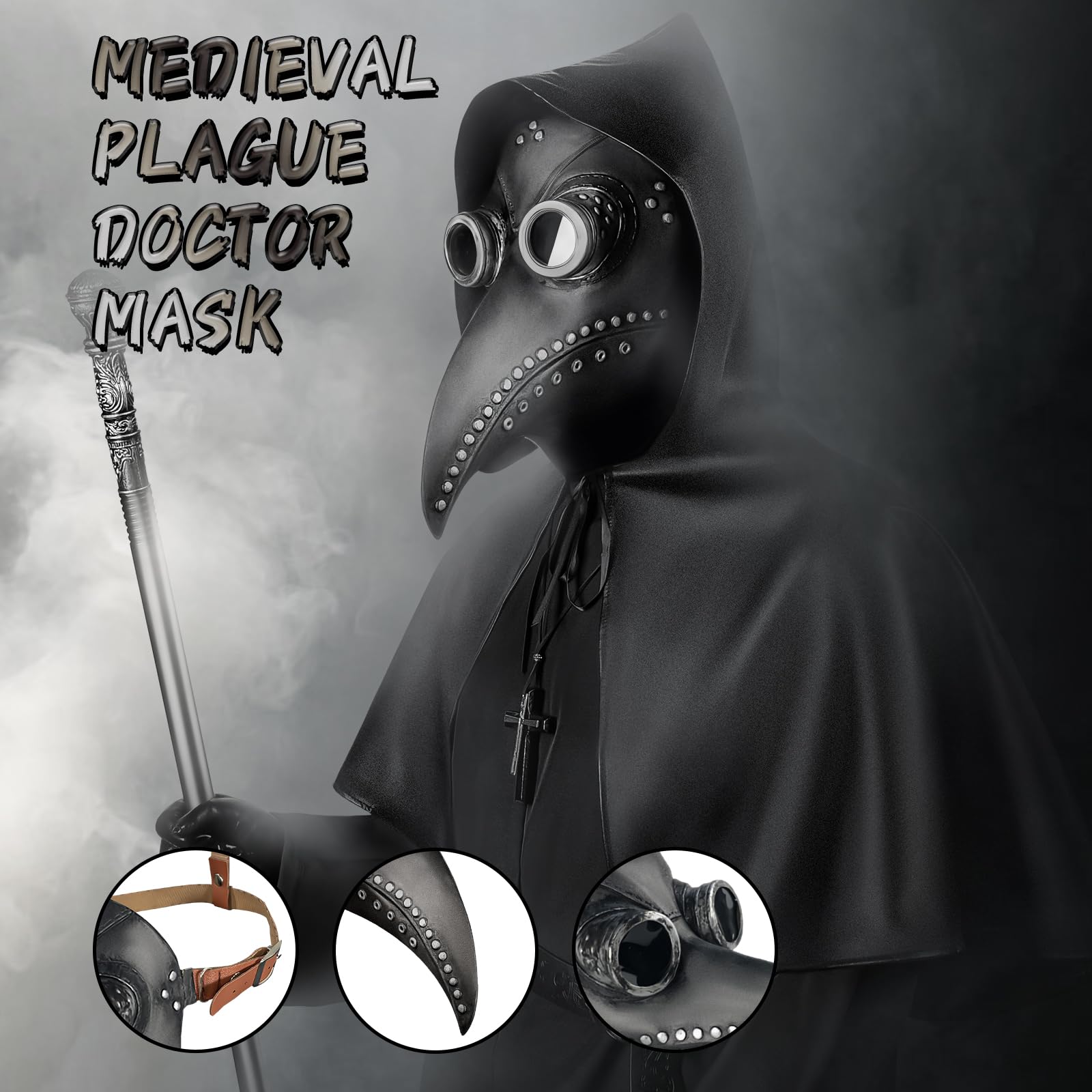 Ulikey Medico Della Peste Costume da Uomo, Plague Doctor Costume, Carnevale Costume Medico Della Peste Cosplay Set con Maschera del Medico della Peste, Cintura, Guanti, Scettro per Carnevale