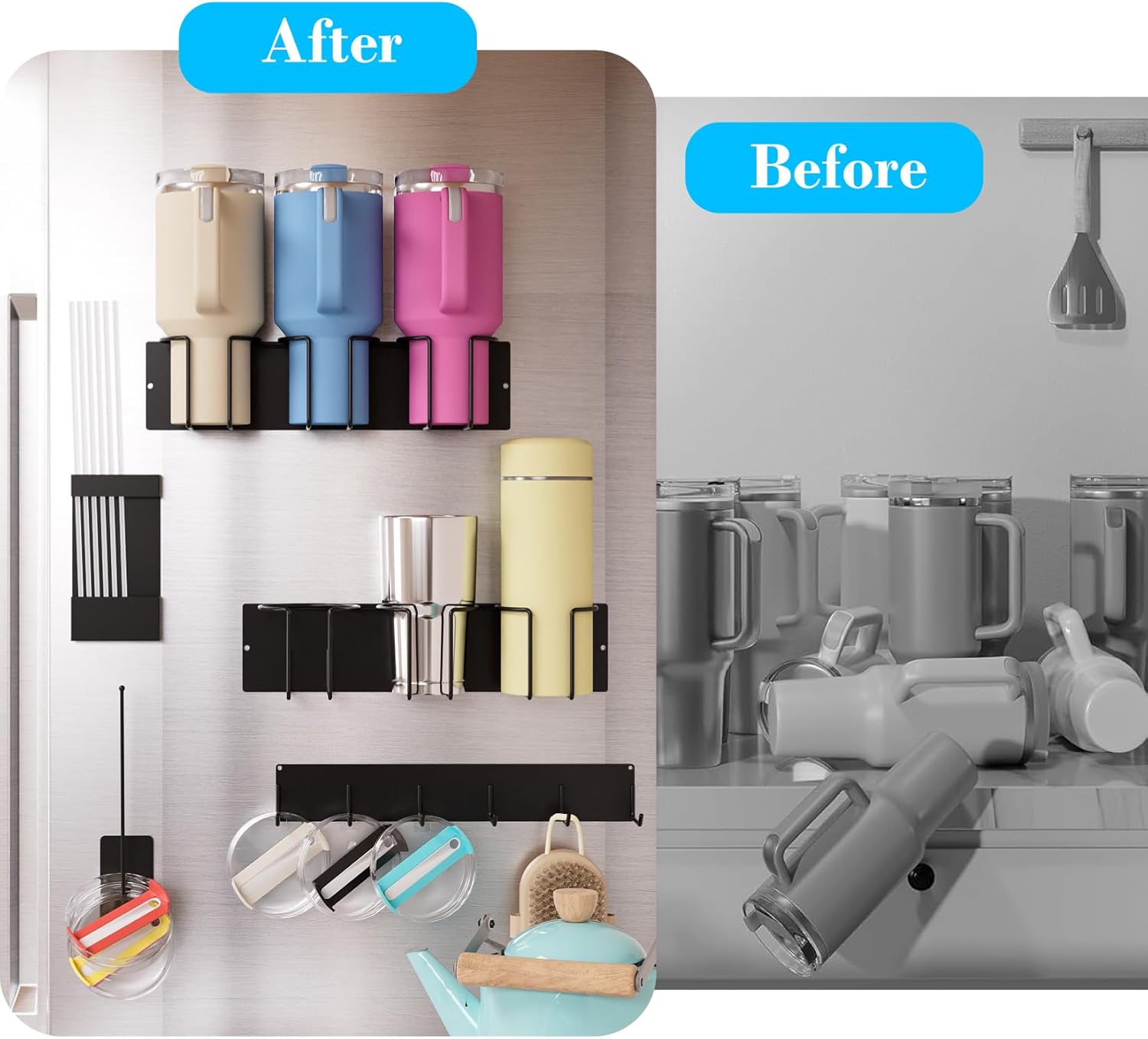 Magnetic Cup Holder Set - Universal Organizer Fits Stanley 20/30/40oz & All Cups up to 3.25 Inches Wide, Modular Rack with Lid and Straw Holders (White, 6 Cup)